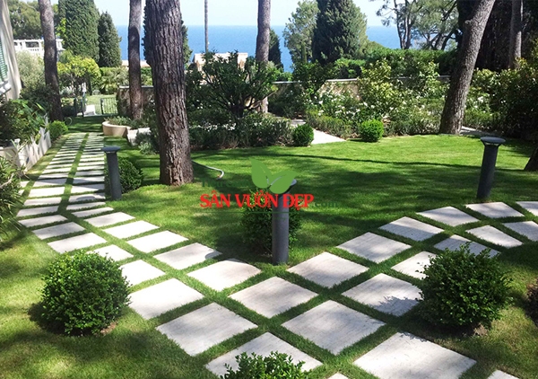 Thiết kế sân vườn đẹp với lối đi bằng gạch lát